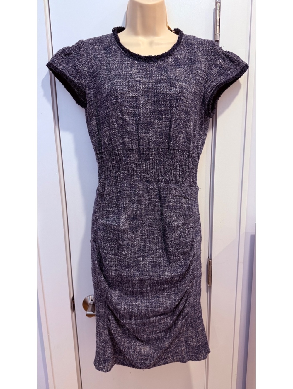 maje Navy Tweed Midi Dress with Fringe Trim